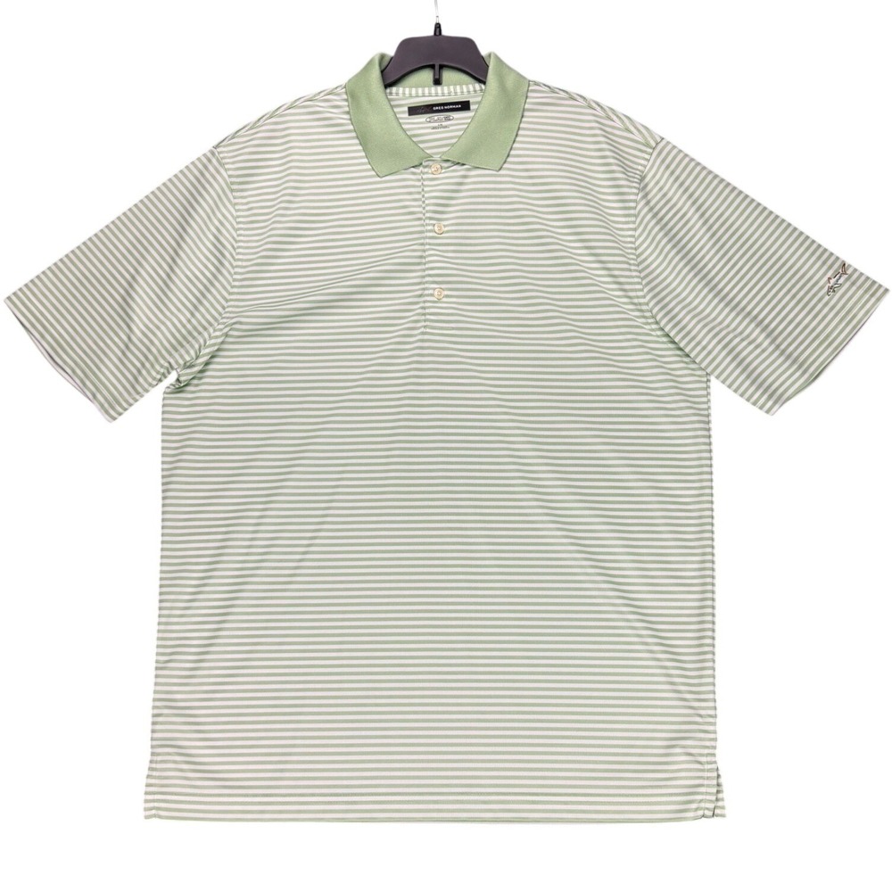 Greg Norman Men's Large Play Dry Golf Polo Shirt Green White Stripe Polyester‎